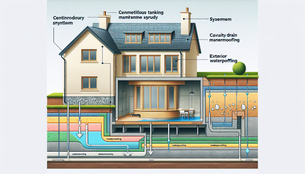 Illustration of different waterproofing methods for basements and tanking membrane